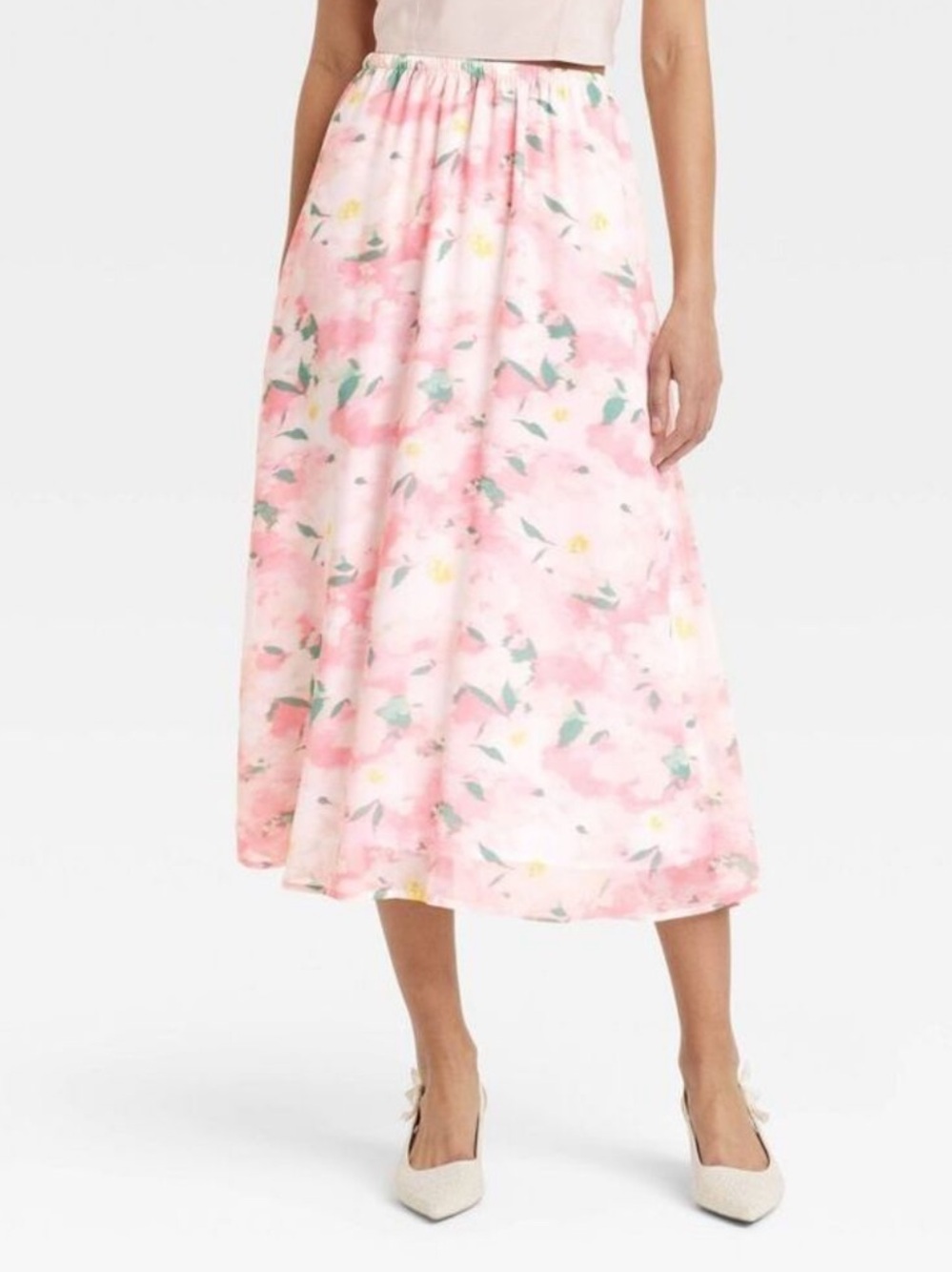 a new day Pink & White Floral Midi Skirt size
